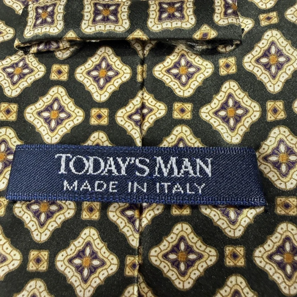 TODAY'S MAN Tie Mens OS‎ Gold Green Geometric 100% Silk Made In Italy Necktie